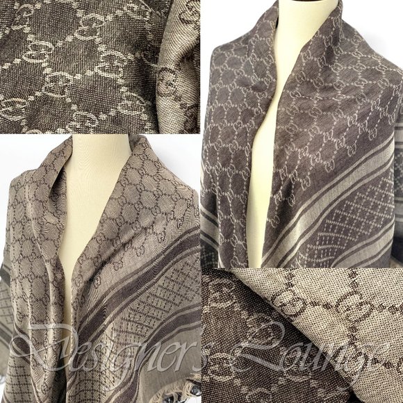 NEW GUCCI Brown Beige GG Survie Large Reversible Monogram Pashmina Scarf Shawl